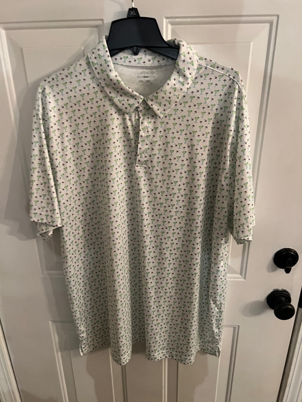 Men's White Polo Shirt with Green Mini Pattern